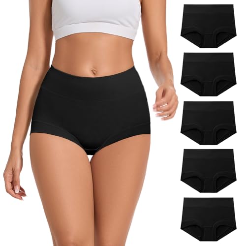 ALLBASE 5 Pack Womens Cotton High Waisted Full Coverage Underwear(Regular & Plus Size) - color: Black-5pack, size: XX-Large