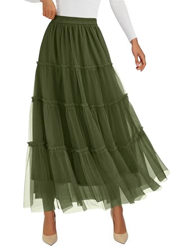 PRETTYGARDEN Women's Fall Soft Tulle Tiered Long Skirt - color: Army Green, size: Medium