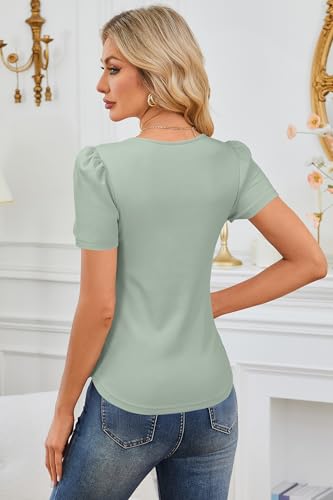 OUGES Womens 2026 Maternity Tops Shirts Pleated Short Sleeve Crew Neck Tunic Summer Casual Pregnancy Clothes - color: Grey Green, size: Large