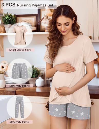 Ekouaer 3 PCS Maternity Nursing Pajamas Set Postpartum Breastfeeding PJS - color: Champagne Print, size: Medium