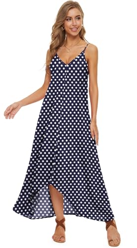LILBETTER Women V-Neck Polka Dot Print Spaghetti Strap Boho Long Maxi Dresses - color: 02navy Blue Dot, size: Small