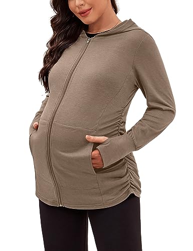 DEBELLY Maternity Sweatshirt Zip Up Hoodie Pockets Pregnancy Postpartum - color: Coffee, size: Medium
