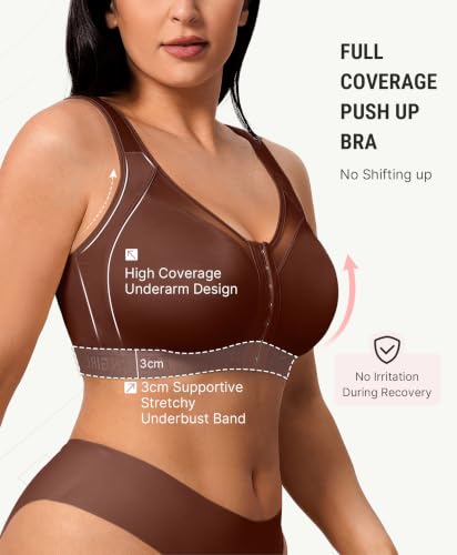 FeelinGirl Front Closure Post Surgery Compression Bra with Adjustable Straps Wireless Breast Augmentation Post Op Bras - color: Brown, size: XX-Large