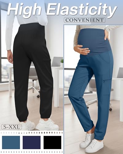 3 Pack Maternity Scrub Cargo Jogger Pants - color: Black, Navy Blue, Blue Green, size: Large