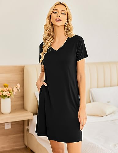 Ekouaer Womens 2 Pack Nightgown with Pockets Short Sleeve Night Shirts - color: Black and Flower, size: Large
