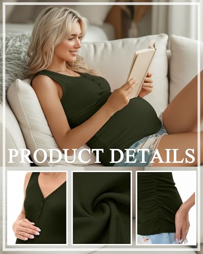 3 Pack Women Maternity Henley Tank Tops - color: Black, Light Mixed Gray, Army Green, size: Medium