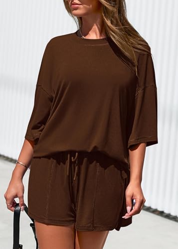 KIRUNDO 2 Piece Sets for Women Summer Lounge Sets Casual - color: Light Coffee, size: X-Large