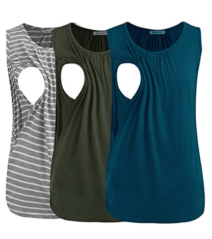 Smallshow Women's Maternity Nursing Tank Tops Breastfeeding Clothes 3-Pack - color: Army Green-teal-light Grey Stripe(3 Packs), size: X-Large