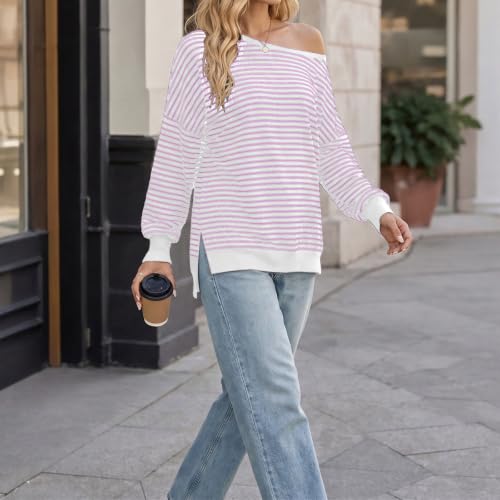 Fall Tops for Women 2026 off Shoulder Striped Top Long Sleeve Pullover Tops - color: Pink, size: Small