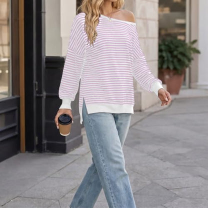Fall Tops for Women 2026 off Shoulder Striped Top Long Sleeve Pullover Tops - color: Pink, size: Small