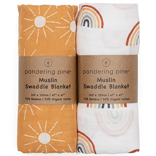 Organic Baby Muslin Swaddle Blankets for Boy or Girl - Sun and Rainbow Swaddling Blanket 2 Pack - Soft Muslin, XLarge and Breathable, Boho Baby, 47" X 47" - color: Rainbow, Sun