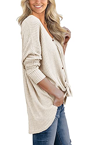IWOLLENCE Womens Button Down Henley Long Sleeve Blouse - color: Oatmeal, size: X-Large