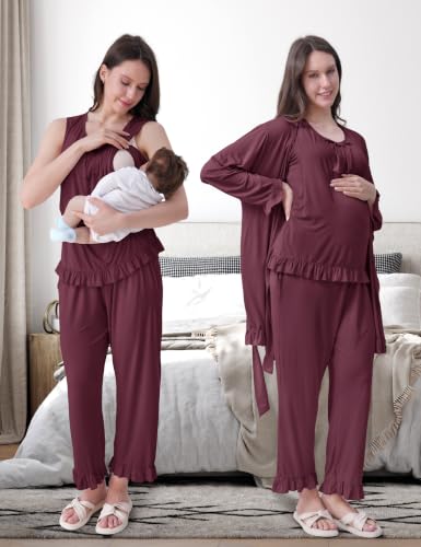 SUNNYBUY 3 PCS Ruffle Maternity Nursing Pajamas Set & Robe for Postpartum - color: Burgundy, size: Small
