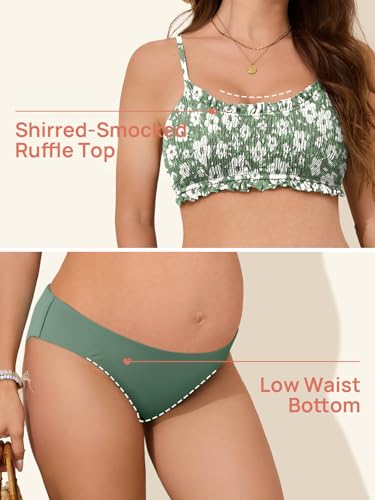 Summer Mae Ruffle Maternity Swimsuit Two-Piece Low Rise Bikini Bathing Suit - color: Garden Veil Bliss, size: 14