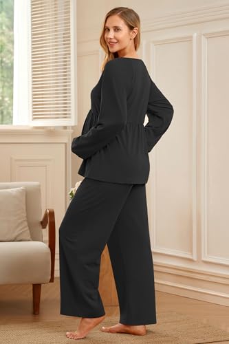 OUGES Womens Cotton Blend Maternity Pajama Sets Tie Front Loungewear Pregnancy Sleepwear Top & Long Pants with Pockets - color: Black, size: XX-Large