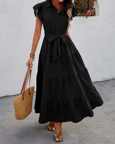 dowerme Women Ruffle Sleeve Button Belted Boho Maxi Dress - color: Black, size: Medium