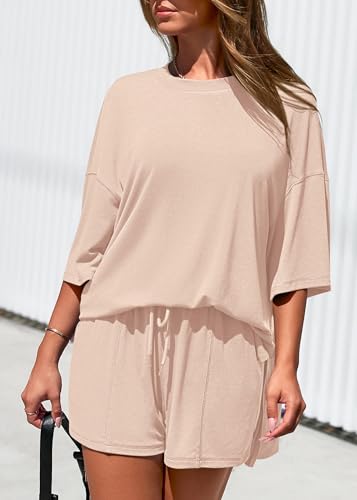 KIRUNDO 2 Piece Sets for Women Summer Lounge Sets Casual - color: Beige, size: Medium