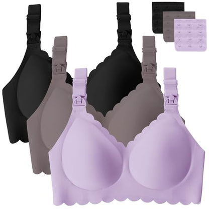 Gailife 3 Pack Nursing Bras for Breastfeeding Seamless Maternity Sleep Bra - color: Black/Grey/Purple, size: XX-Large