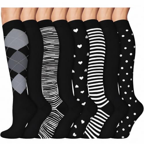 8 Pairs Compression Socks Women Men 15-20mmHg Knee High Support Circulation - color: 022 - Black/Black/Black/White/Grey, size: Large-X-Large
