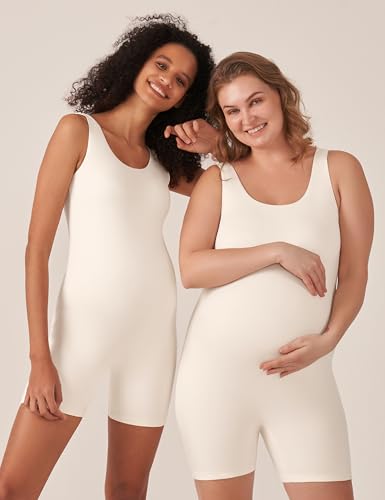 POSHDIVAH Maternity Romper Shorts Double Lined Jumpsuit - color: Beige, size: Small