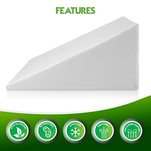 Abco Bed Wedge Pillow for Sleeping - Memory Foam Top - Reduce Neck & Back Pain, Snoring, Acid Reflux, Respiratory Problems - Ideal for Sleeping, Reading, Rest, Elevation - Washable Cover - 12in