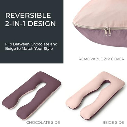 U Shaped Pregnancy Pillow Soft Reversible 55 in Chocolate Beige - color: Chocolate / Beige (Two-tone)