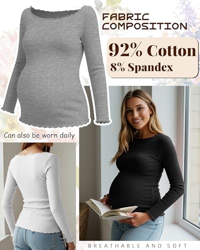 3 Pack Women's Maternity Long Sleeve Cotton Shirts - color: Black, White, Light Gray, size: Large