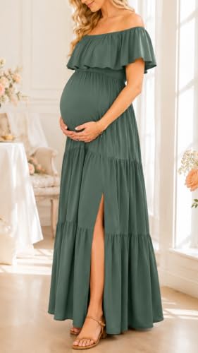 Talisea Maternity Off Shoulder Ruffle Maxi Dress Pregnancy Baby Shower - color: Green, size: Medium