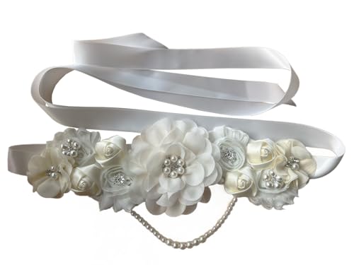Handmade Baby Shower Sash Pearls Maternity Sash Flower Belt - color: Ivory