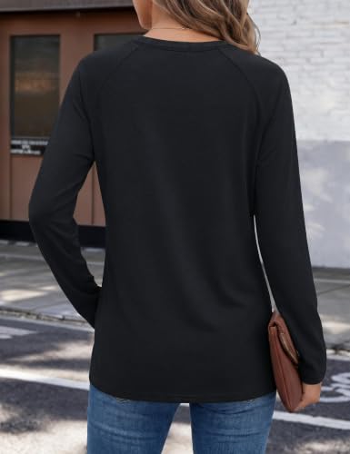 YUCOLEN Women's Long Sleeve Shirts Crew Neck Casual Cotton Basic Tee - color: Black, size: Small