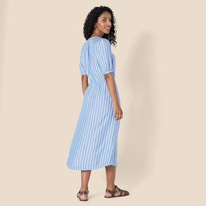 Amazon Essentials Women's Relaxed Fit Half-Sleeve Breathable Button Front Drawstring Waist Midi A-Line Dress with Pockets - color: French Blue/White Stripe, size: Medium