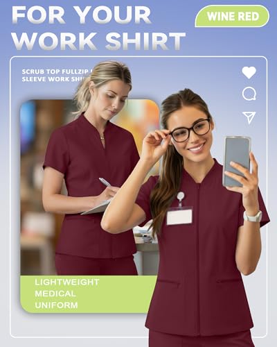 Oakgarden Womens Scrub Top Short Sleeve Nurse Shirts - color: Wine Red, size: Medium