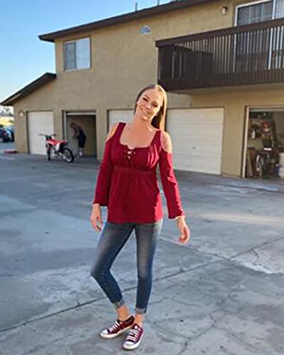 Women's Cold Shoulder Lace Up Casual Tunic Solid Blouse Tops - color: #0705_burgundy, size: Small