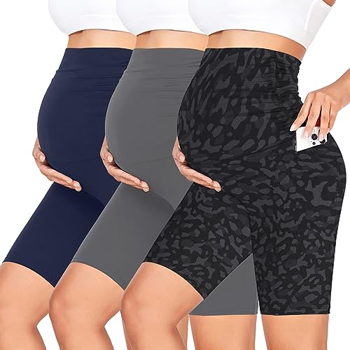 GROTEEN 3 Pack Women's Maternity Shorts with Pockets Over the Belly - color: Black/Navy Blue/Leopard Print, size: Small