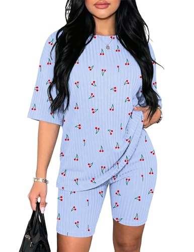 Ekouaer Women 2 Piece Lounge Sets Ribbed Knit Oversized Shirt Biker Shorts - color: Blue Cherry, size: Small