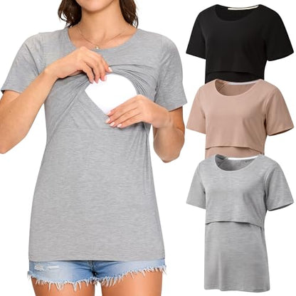 3 Pack Women's Nursing Tops, Breastfeeding Shirts Short Sleeve - color: Black/Light Grey/Light Brown, size: Small