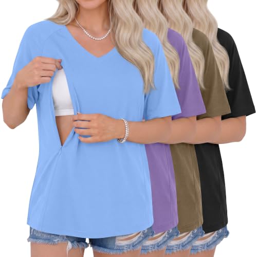 4 Pack Women's Nursing Short Sleeve Shirts - color: Sky Blue, Purple, Light Brown, Black, size: Medium