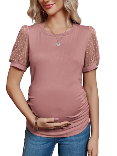 FMEYOA Women's Maternity Shirt Long Sleeve Top Mock Neck Blouse - color: Z-pink, size: Medium