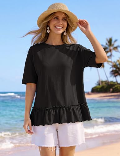 MEROKEETY Women's 2026 Summer Short Sleeve Peplum Casual Ruffle Tops - color: Black, size: X-Large