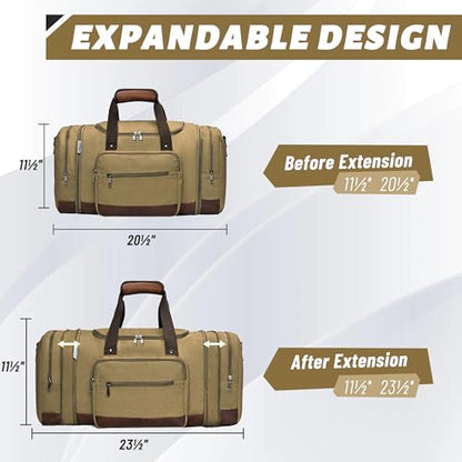 50L Expandable Canvas Duffle Bag Weekender Travel Carry On Gym - color: Khaki