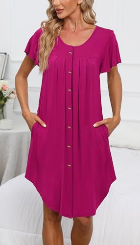 Womens Button Down Nightgown Pleated Front Short Sleeve Sleepshirt - color: A-solid - Rose, size: Small