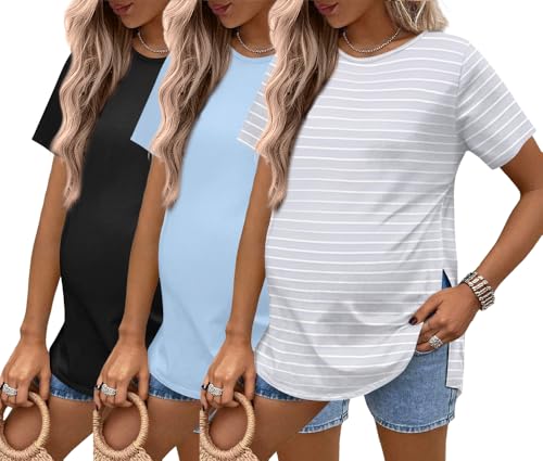 Ekouaer 3 Pack Maternity Shirts Short Sleeve Pregnancy Tops Summer Clothes - color: Black/Blue/Grey Striped, size: X-Large