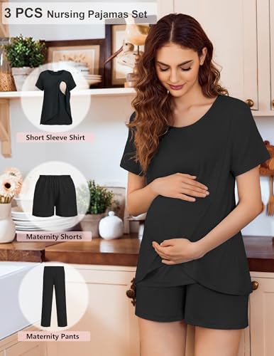 Ekouaer 3 PCS Maternity Nursing Pajamas Set Postpartum Breastfeeding PJS - color: Black, size: Medium
