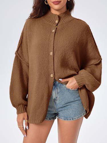Saodimallsu Womens Oversized Cardigans Long Lantern Sleeve Button Down Chunky Knit Loose Fall Sweater Coats - color: Brown, size: Large