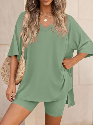 PRETTYGARDEN Womens 2 Piece Outfit Lounge Short Sets - color: Bean Green, size: Small