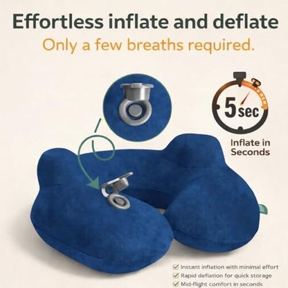 Inflatable Travel Neck Pillow with Adjustable Memory Foam Sides | Lightweight, Soft & Portable Support (Navy Blue, Standard) - color: Navy Blue