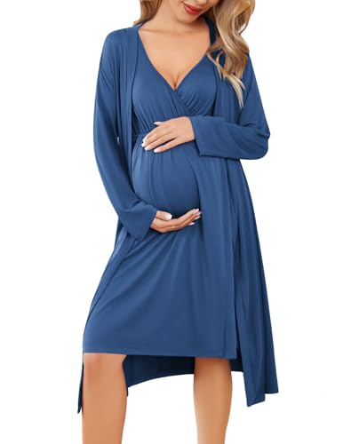 Ekouaer Maternity Nursing Gown and Robe Set Labor Delivery Nightgowns - color: Blue, size: Large