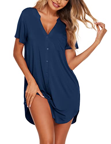 Ekouaer Nightgowns for Women Button Down Sleepshirts V Neck Sleep Dress - color: Navy Blue, size: Medium