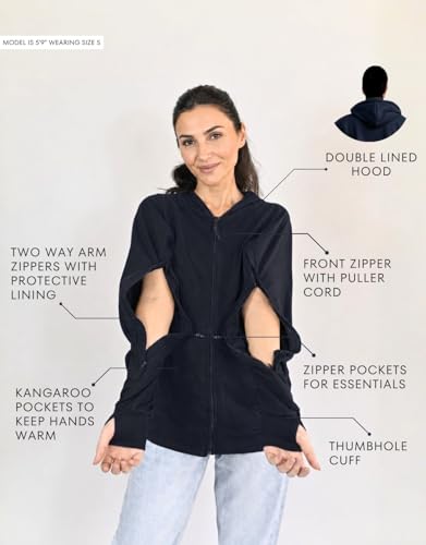 Inspired Comforts Unisex Dialysis & IV Access Hoodie – Dual Arm Zippers, Thumbhole Sleeves & Pockets - color: Black, size: Small