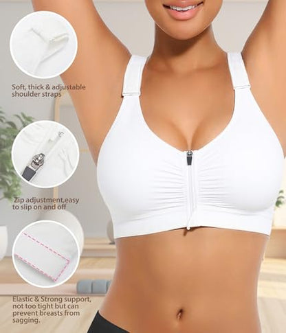 Zip Front Closure Everyday Bra for Women Post Surgery Compression Bras with Adjustable Straps Wirefree - color: White, size: Small